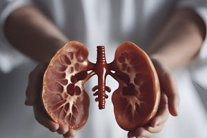 Female doctor holding human kidney model in her hands. closeup view